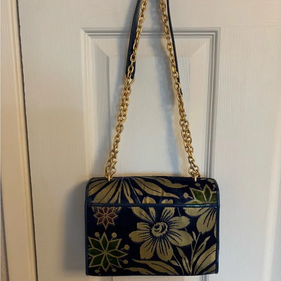 Tory Burch Blue Fleming Velvet Cosmic Floral Small Convertible Shoulder Bag